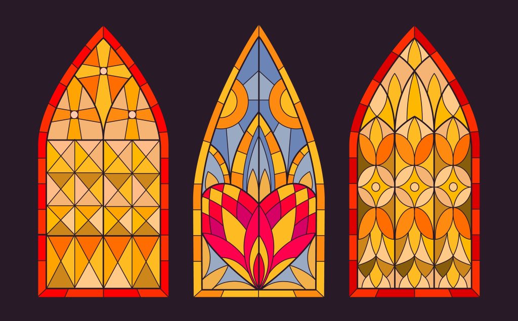 Illustration of three stained-glass church windows for an article about clergy sexual abuse