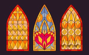 Ilustración de tres vitrales de iglesia para un artículo sobre abuso sexual cometido por miembros del clero