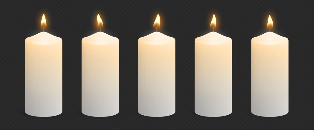Five lit memorial candles honoring families affected by the South Chicago Chapel investigation