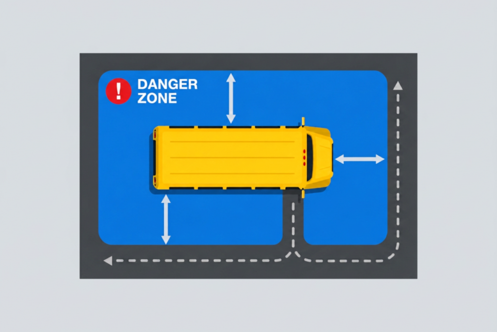 School bus danger zone diagram showing areas along both sides and danger zone in front of a yellow school bus