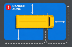 Diagrama de la zona de peligro alrededor de un autobús escolar y las áreas donde los estudiantes deben caminar con seguridad
