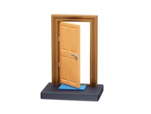 Ilustración de una puerta de madera parcialmente abierta con manija plateada y tapete azul.