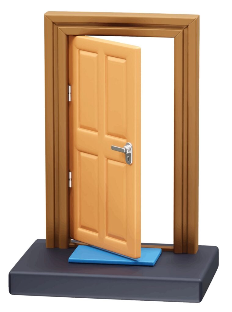 Illustration of a partially open wooden door with a silver handle and blue doormat.